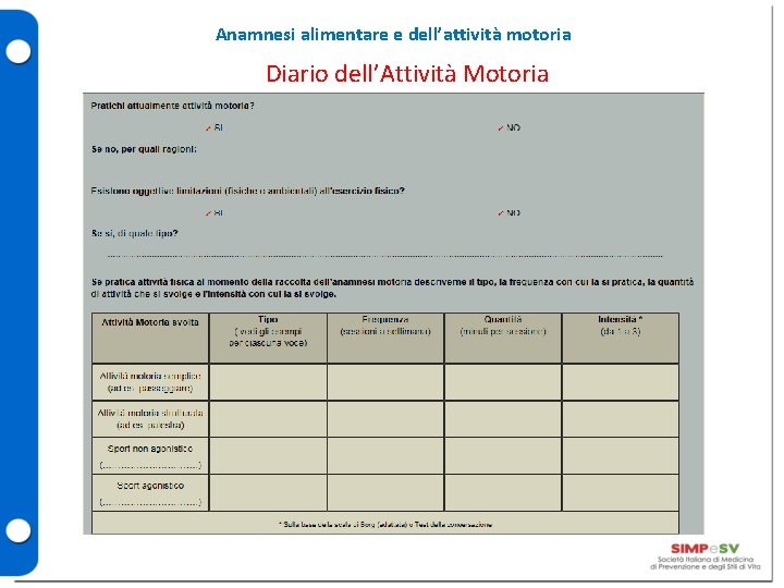 Anamnesi alimentare e dell’attività motoria Diario dell’Attività Motoria 