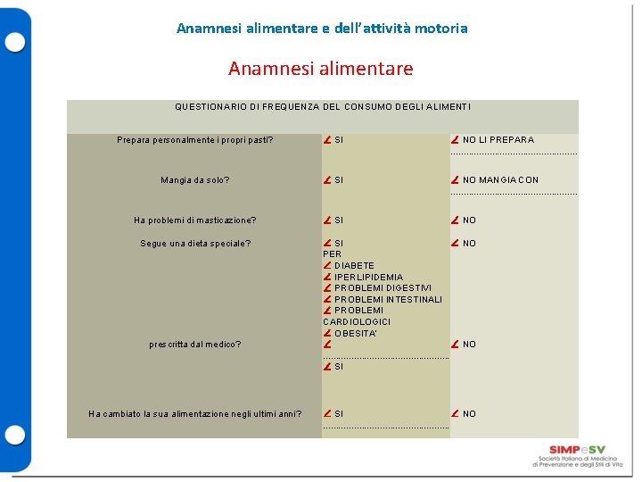 Anamnesi alimentare e dell’attività motoria Anamnesi alimentare QUESTIONARIO DI FREQUENZA DEL CONSUMO DEGLI ALIMENTI