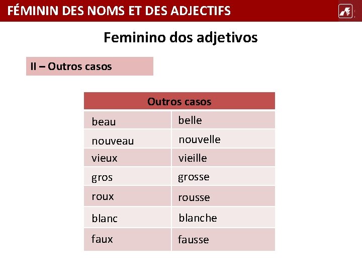 FÉMININ DES NOMS ET DES ADJECTIFS TÍTULO Feminino dos adjetivos II – Outros casos