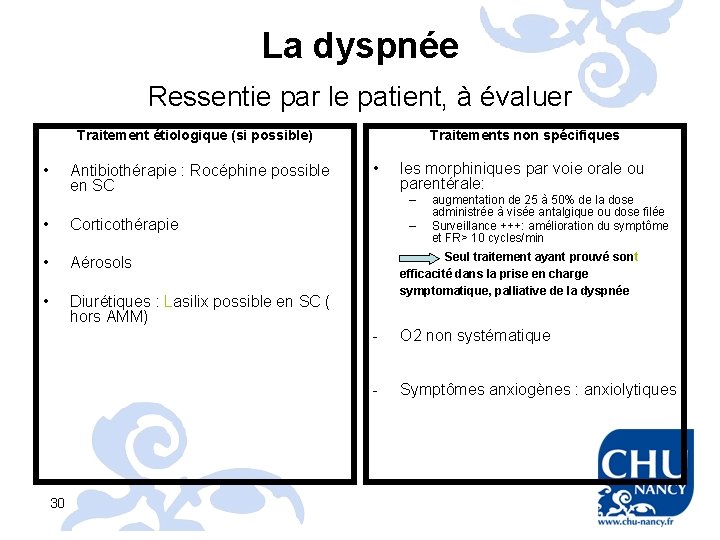 La dyspnée Ressentie par le patient, à évaluer Traitement étiologique (si possible) • Antibiothérapie