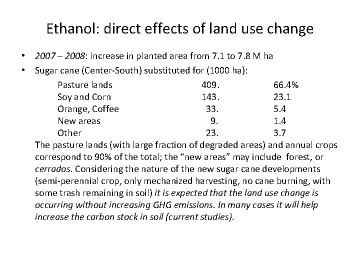 Ethanol: direct effects of land use change • 2007 – 2008: Increase in planted