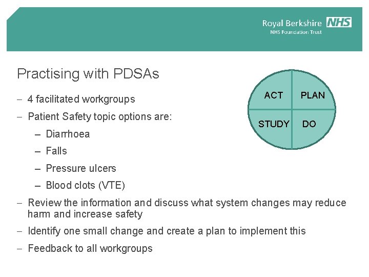 Practising with PDSAs - 4 facilitated workgroups - Patient Safety topic options are: – Practising with PDSAs - 4 facilitated workgroups - Patient Safety topic options are: –