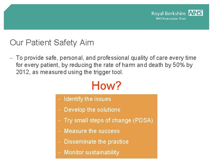 Our Patient Safety Aim - To provide safe, personal, and professional quality of care Our Patient Safety Aim - To provide safe, personal, and professional quality of care