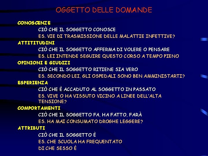 OGGETTO DELLE DOMANDE CONOSCENZE CIÒ CHE IL SOGGETTO CONOSCE ES. VIE DI TRASMISSIONE DELLE