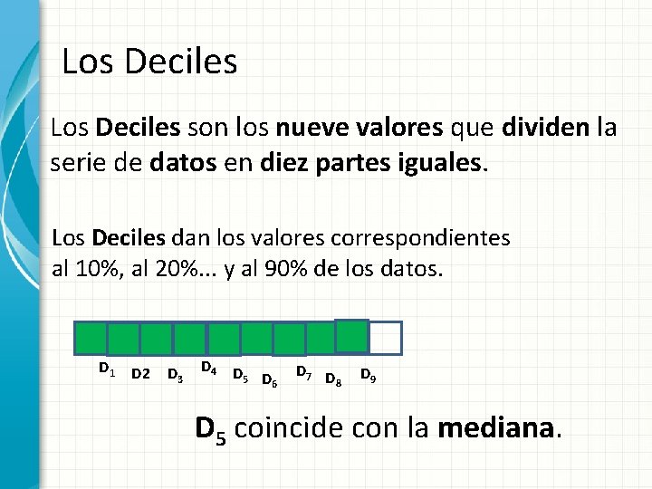 Los Deciles son los nueve valores que dividen la serie de datos en diez