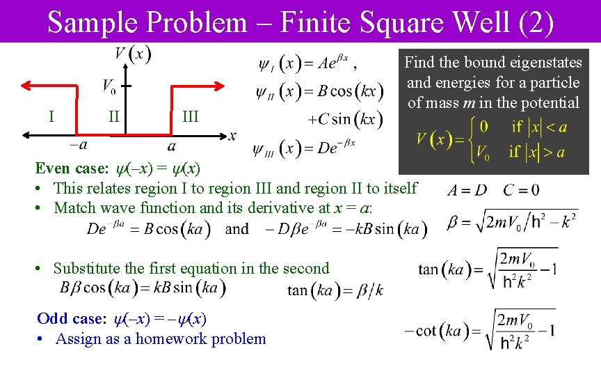 Sample Problem – Finite Square Well (2) I II III Find the bound eigenstates