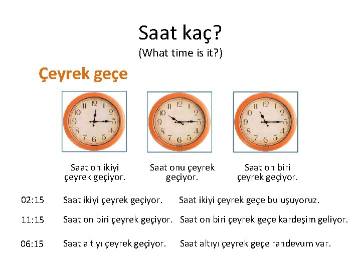 Saat kaç? (What time is it? ) Çeyrek geçe Saat on ikiyi çeyrek geçiyor.