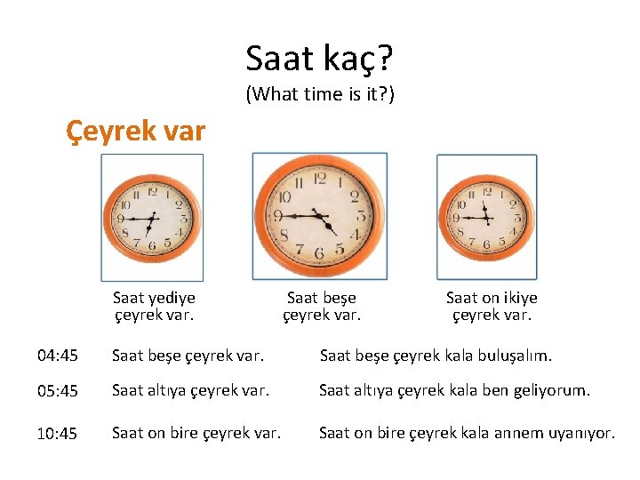 Saat kaç? (What time is it? ) Çeyrek var Saat yediye çeyrek var. Saat