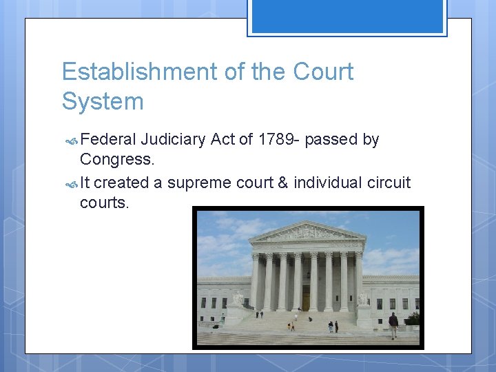 Establishment of the Court System Federal Judiciary Act of 1789 - passed by Congress.