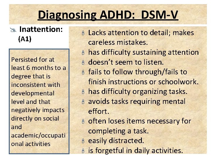 Diagnosing ADHD: DSM-V @ Inattention: (A 1) Persisted for at least 6 months to