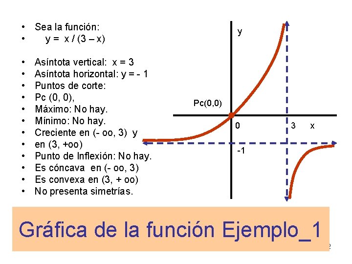  • Sea la función: • y = x / (3 – x) •