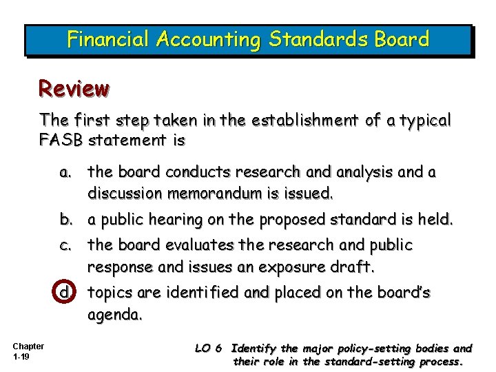 Financial Accounting Standards Board Review The first step taken in the establishment of a