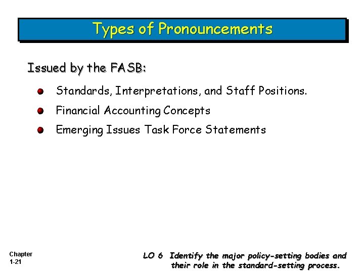 Types of Pronouncements Issued by the FASB: Standards, Interpretations, and Staff Positions. Financial Accounting