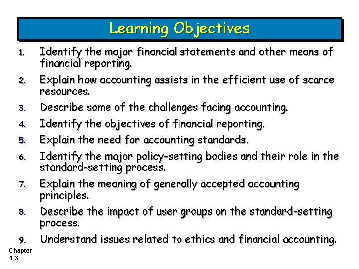 Learning Objectives 1. Identify the major financial statements and other means of financial reporting.