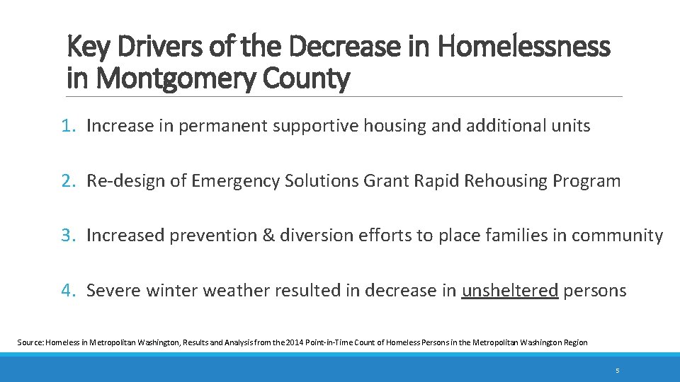 Key Drivers of the Decrease in Homelessness in Montgomery County 1. Increase in permanent