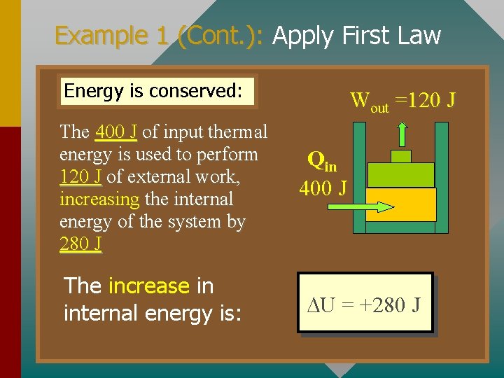 Example 1 (Cont. ): Apply First Law Energy is conserved: The 400 J of