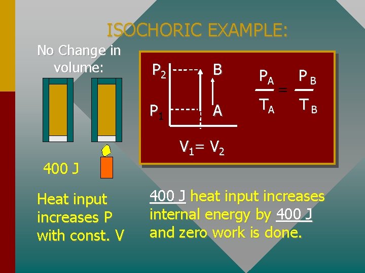 ISOCHORIC EXAMPLE: No Change in volume: P 2 B P 1 A PA TA