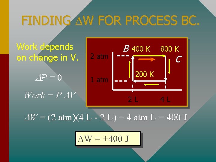 FINDING W FOR PROCESS BC. Work depends on change in V. P = 0