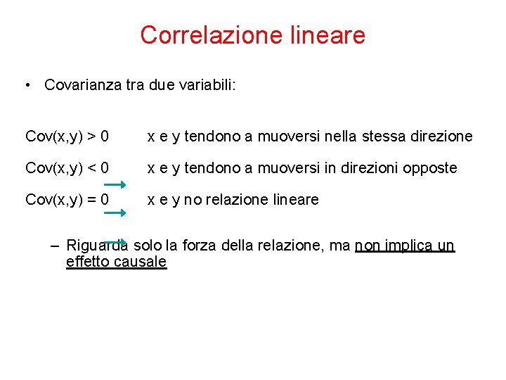 Correlazione lineare • Covarianza tra due variabili: Cov(x, y) > 0 x e y