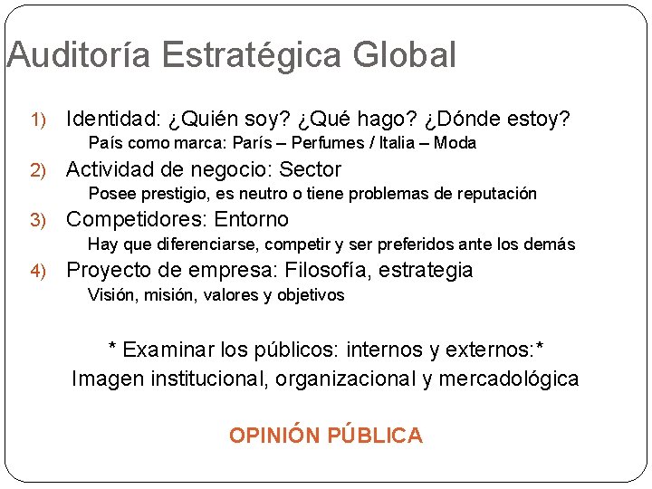 Auditoría Estratégica Global 1) Identidad: ¿Quién soy? ¿Qué hago? ¿Dónde estoy? País como marca: