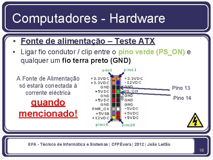 Computadores - Hardware • Fonte de alimentação – Teste ATX • Ligar fio condutor