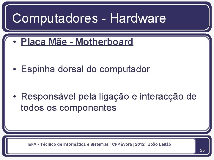 Computadores - Hardware • Placa Mãe - Motherboard • Espinha dorsal do computador •