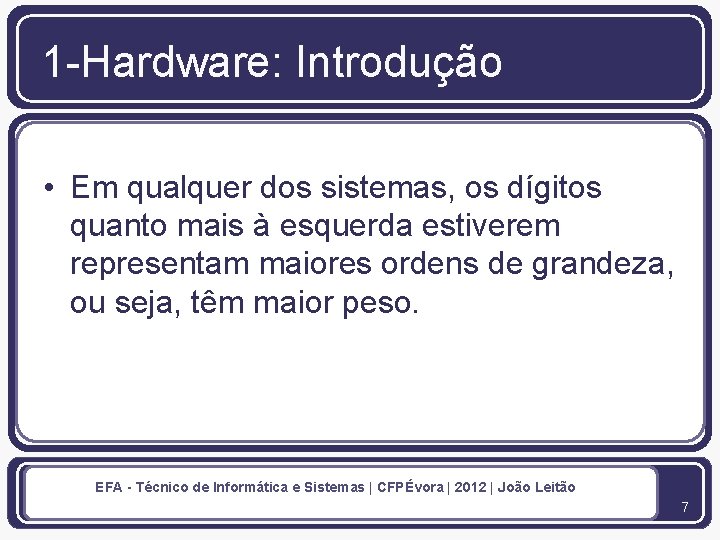 1 -Hardware: Introdução • Em qualquer dos sistemas, os dígitos quanto mais à esquerda