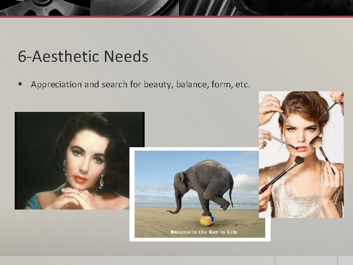 6 -Aesthetic Needs § Appreciation and search for beauty, balance, form, etc. 