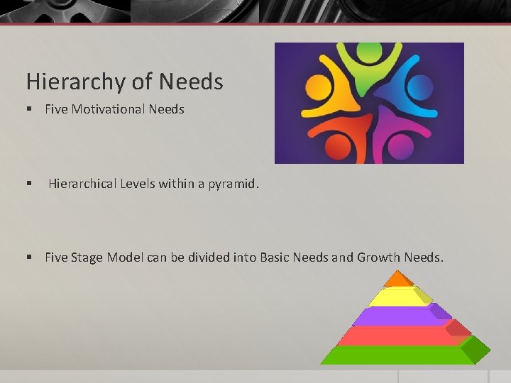 Hierarchy of Needs § Five Motivational Needs § Hierarchical Levels within a pyramid. §