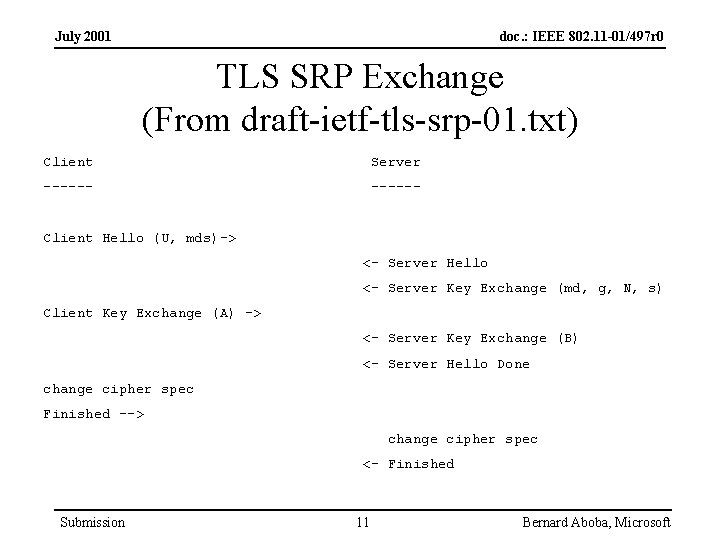 July 2001 doc. : IEEE 802. 11 -01/497 r 0 TLS SRP Exchange (From