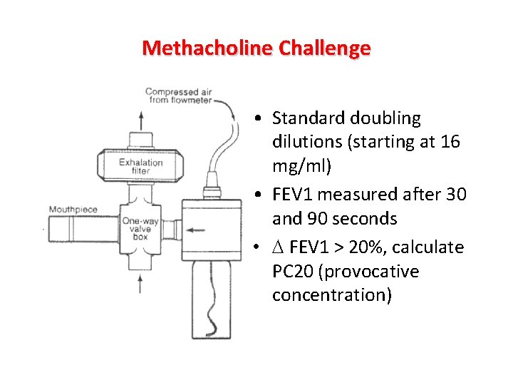 Methacholine Challenge • Standard doubling dilutions (starting at 16 mg/ml) • FEV 1 measured