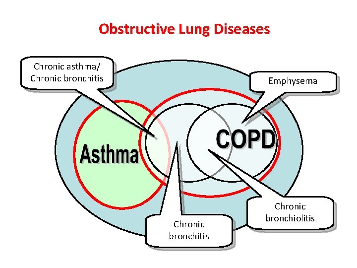 Obstructive Lung Diseases Chronic asthma/ Chronic bronchitis Emphysema Chronic bronchitis Chronic bronchiolitis 