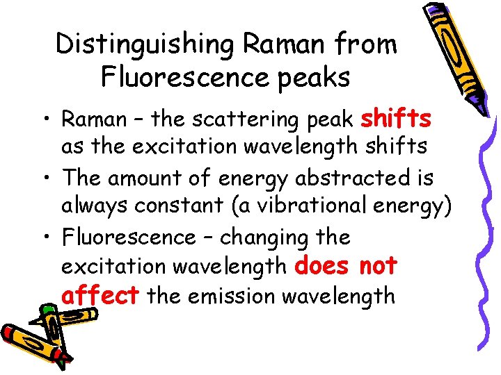 Distinguishing Raman from Fluorescence peaks • Raman – the scattering peak shifts as the