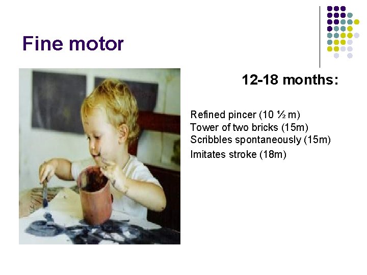 Fine motor 12 -18 months: Refined pincer (10 ½ m) Tower of two bricks