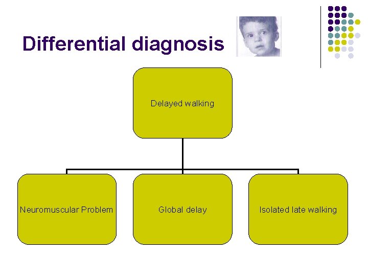 Differential diagnosis Delayed walking Neuromuscular Problem Global delay Isolated late walking 