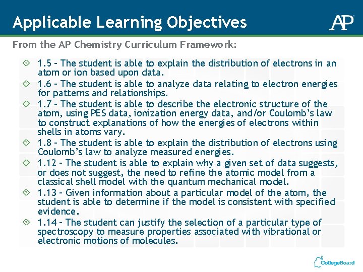 Applicable Learning Objectives From the AP Chemistry Curriculum Framework: 1. 5 – The student Applicable Learning Objectives From the AP Chemistry Curriculum Framework: 1. 5 – The student