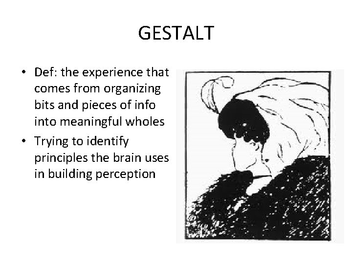 GESTALT • Def: the experience that comes from organizing bits and pieces of info