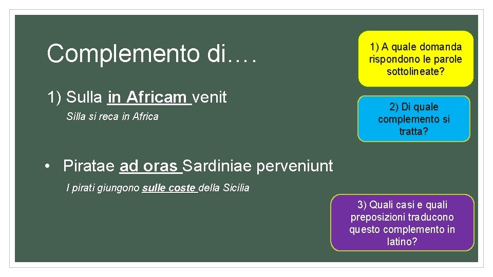 Complemento di…. 1) Sulla in Africam venit Silla si reca in Africa 1) A