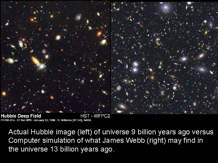 Actual Hubble image (left) of universe 9 billion years ago versus Computer simulation of