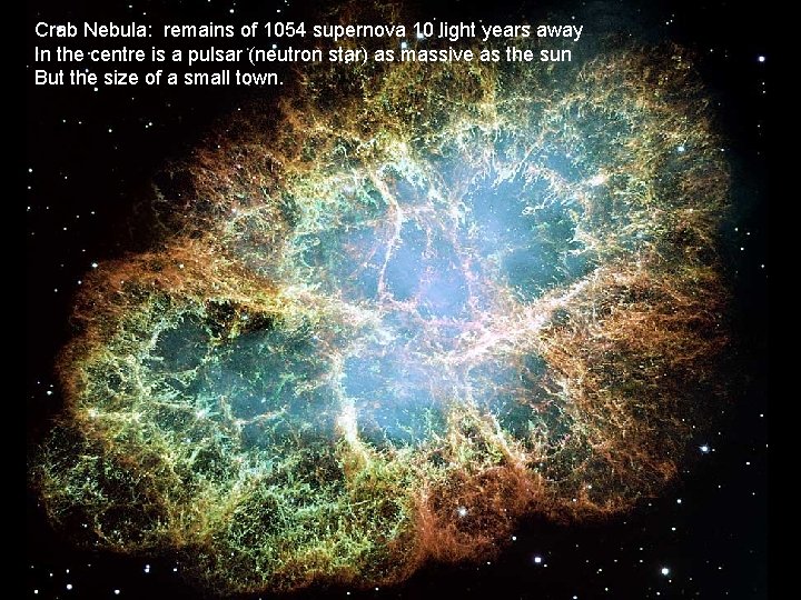 Crab Nebula: remains of 1054 supernova 10 light years away In the centre is