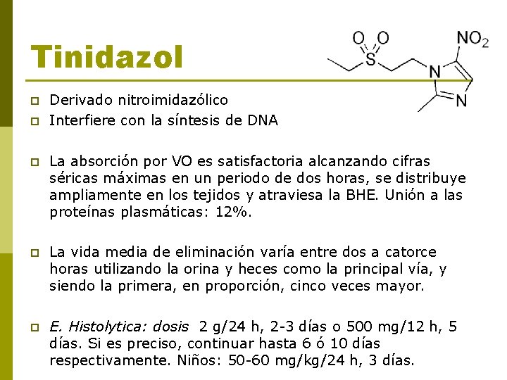 Tinidazol p p Derivado nitroimidazólico Interfiere con la síntesis de DNA p La absorción