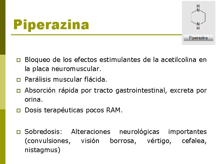 Piperazina p Bloqueo de los efectos estimulantes de la acetilcolina en la placa neuromuscular.