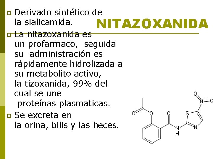 Derivado sintético de la sialicamida. NITAZOXANIDA p La nitazoxanida es un profarmaco, seguida su