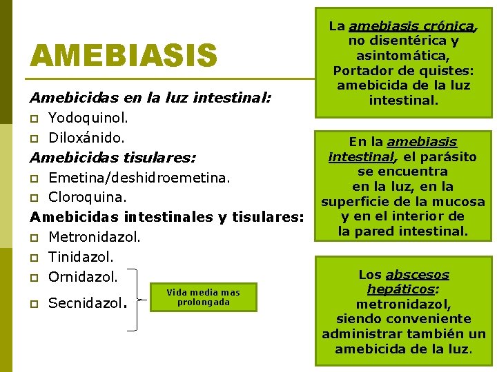 AMEBIASIS Amebicidas en la luz intestinal: p Yodoquinol. p Diloxánido. Amebicidas tisulares: p Emetina/deshidroemetina.
