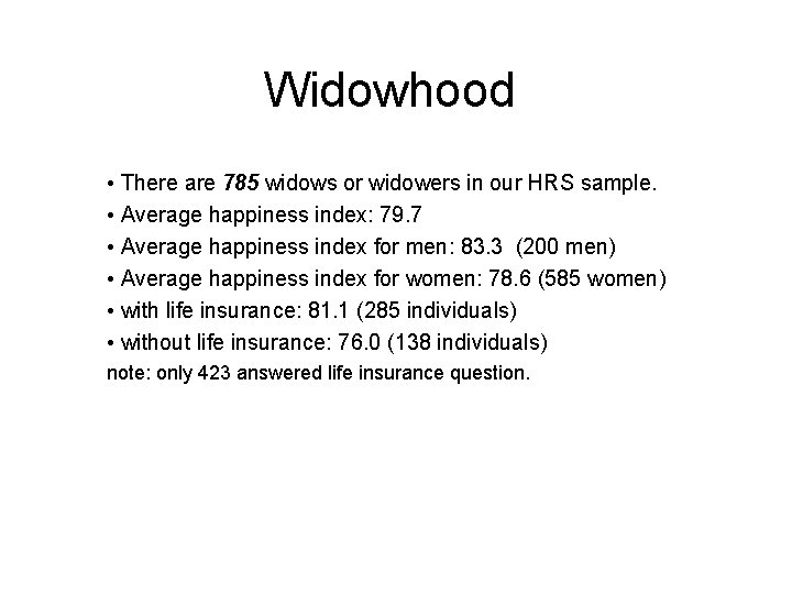 Widowhood • There are 785 widows or widowers in our HRS sample. • Average
