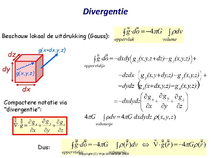 Divergentie Beschouw lokaal de uitdrukking (Gauss): g(x+dx, y, z) dz dy g(x, y, z)