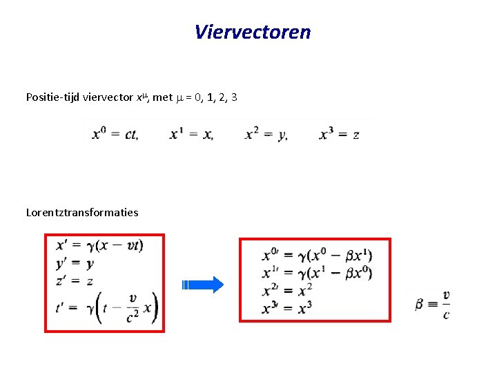 Viervectoren Positie-tijd viervector xm, met m = 0, 1, 2, 3 Lorentztransformaties Copyright (C)
