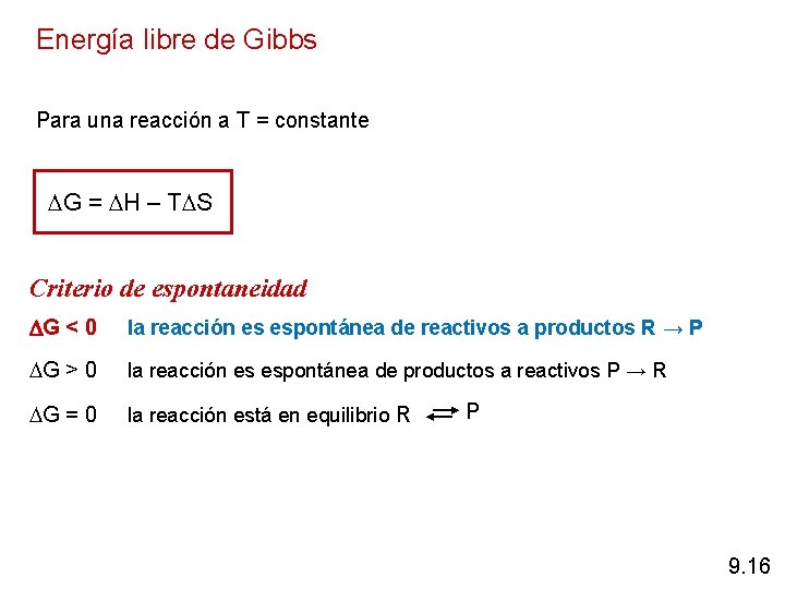 Energía libre de Gibbs Para una reacción a T = constante G = H