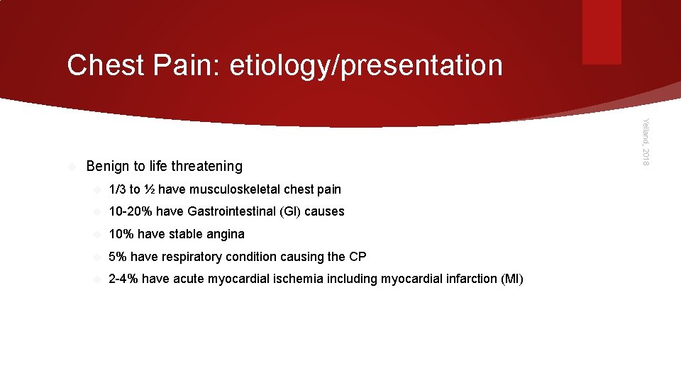 Chest Pain: etiology/presentation Benign to life threatening 1/3 to ½ have musculoskeletal chest pain