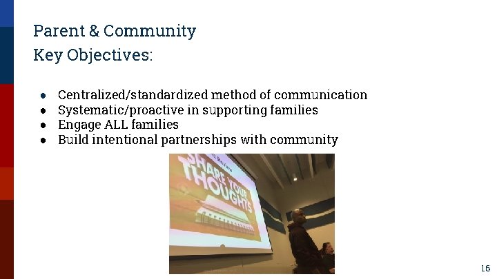 Parent & Community Key Objectives: ● ● Centralized/standardized method of communication Systematic/proactive in supporting